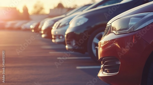 Row of parked cars at sunset