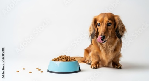 Long haired dachshund dog licking lips next to blue food bowl