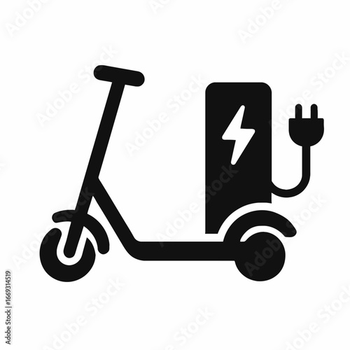 Electric Scooter with Charging Port and Battery Icon in Black and White
