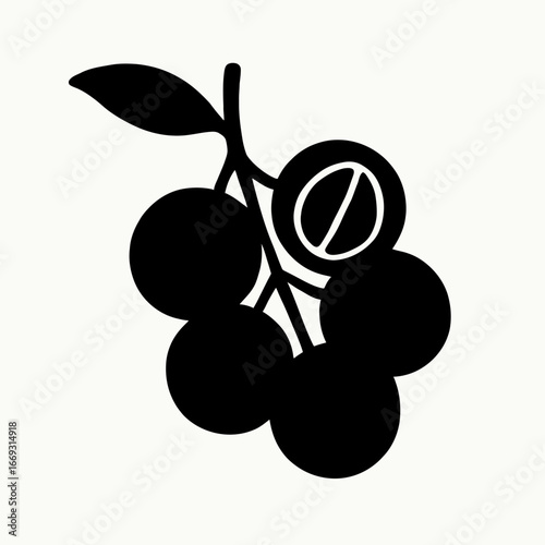 Black Silhouette of Bunch of Grapes with Leaf on White Background