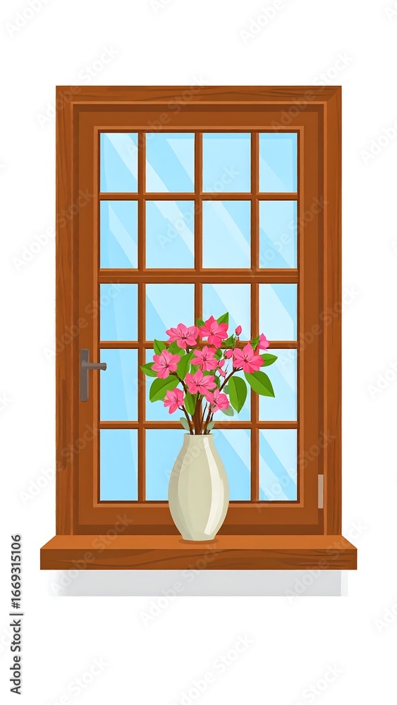 Obraz premium Wooden window with pink flowers in a vase on the sill
