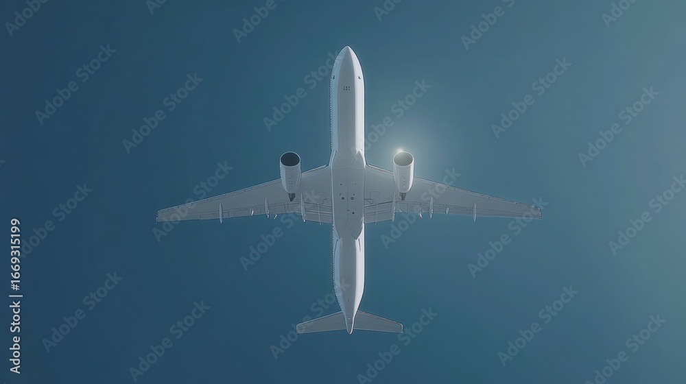 Fototapeta premium Airplane overhead view in blue sky