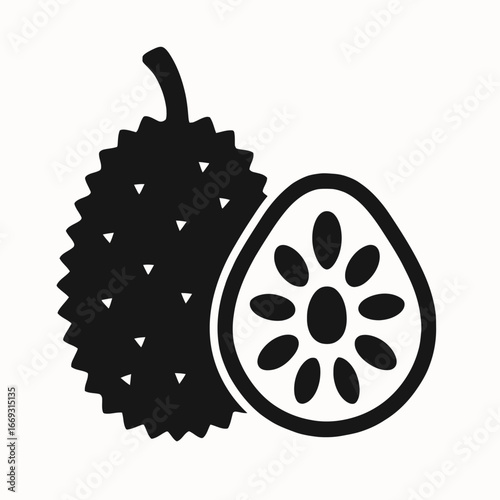 Black and white illustration of a durian fruit with half cut showing seeds and spiky exterior
