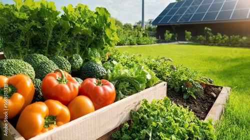 Fresh vegetable garden with tomato, lettuce, solar panel, organic green harvest, healthy summer