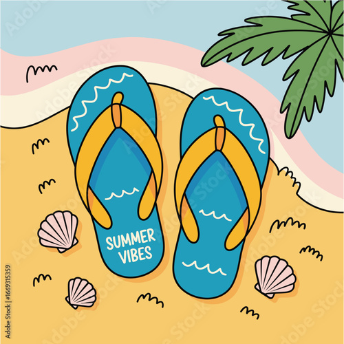 Colorful Handdrawn Flip Flops on Beach with Palm Tree Illustration