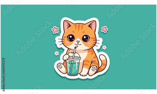 Adorable Orange Tabby Cat Sticker with a Drink