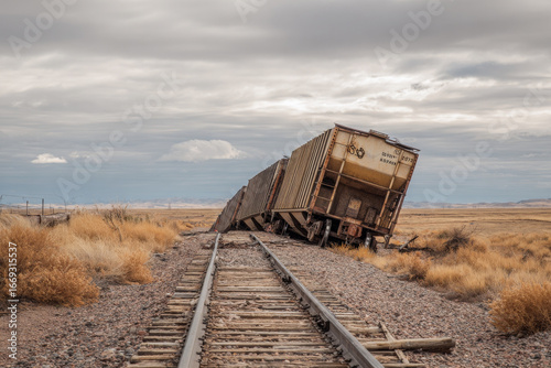 Train derailed on straight tracks in an open plain, causing dangerous accident