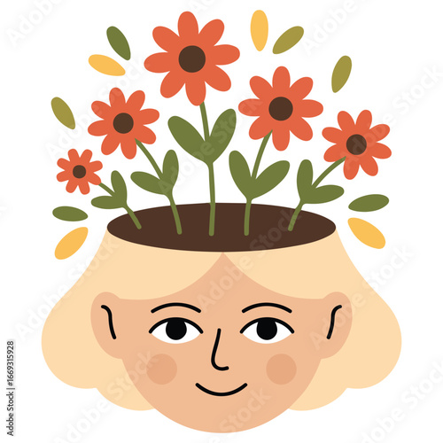 Smiling girl with flowers growing from head self care concept vector illustration