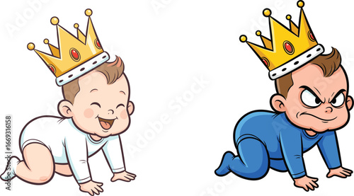 Cute cartoon baby king wearing golden crown, funny crawling infant character, happy and angry baby expression, adorable royal toddler illustration