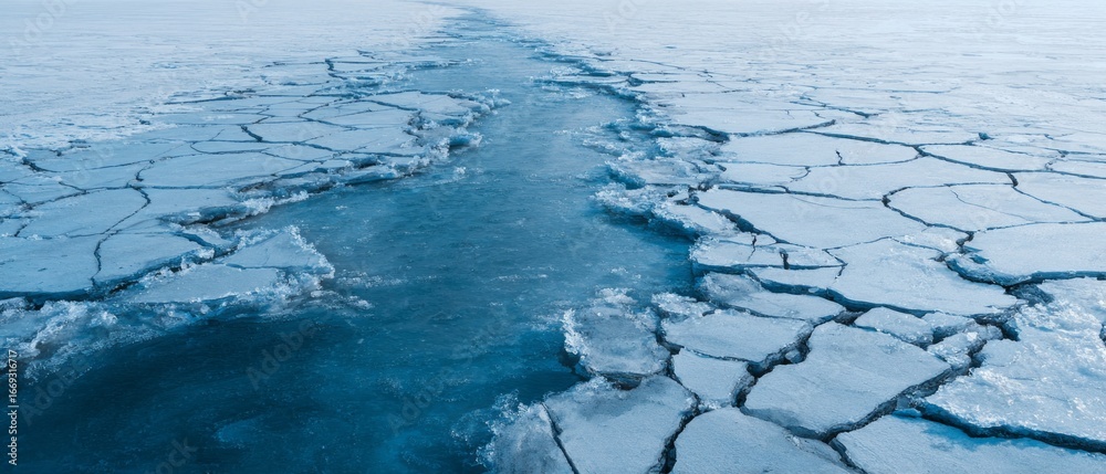 Naklejka premium A vast expanse of fractured ice reveals a channel of dark blue water flowing through the broken surface.