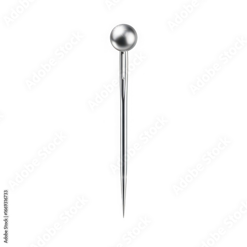3d icon of a single silver sewing pin with a round head, isolated on transparent background