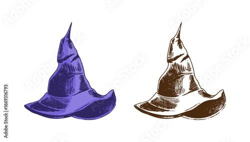 Hand drawn halloween sketch of purple witch hat isolated vector illustration