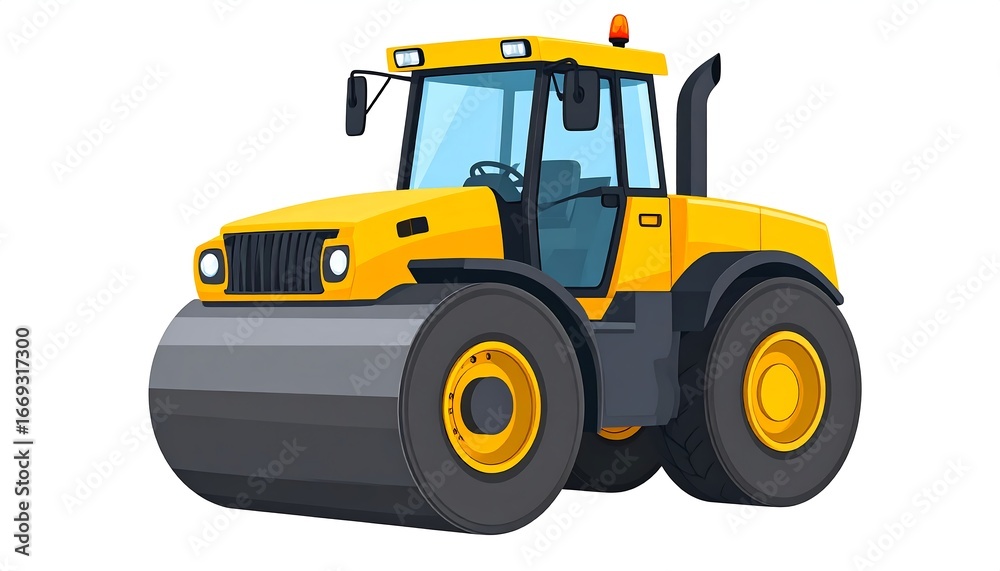 Fototapeta premium Yellow Road Roller, Construction Site, Illustration