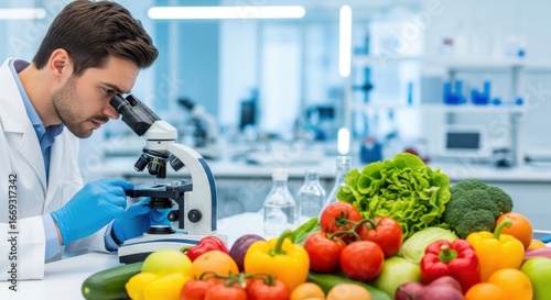 Scientist examining fresh produce under a microscope in a laboratory setting