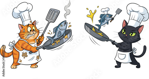 Funny cartoon cats cooking fish in frying pan, chef animal characters wearing apron and hat, humorous kitchen illustration, comic style design