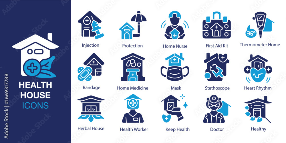 Obraz premium Health House icon set. Containing house, home, health, care, medical, and more. Solid vector icons collection. Vector illustration.