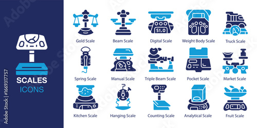 Scales icon set. Containing balance, scale, weight, justice, measurement, and more. Solid vector icons collection. Vector illustration.