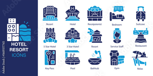 Hotel Resort icon set. Containing hotel, resort, travel, vacation, holiday, and more. Solid vector icons collection. Vector illustration.