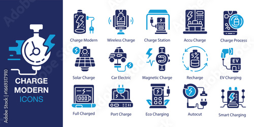 Charge Modern icon set. Containing charger, electricity, modern, power, and more. Solid vector icons collection. Vector illustration.