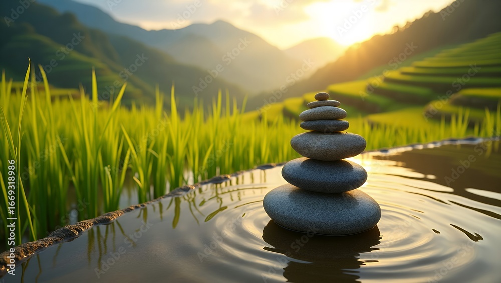 Obraz premium Balanced Zen Stones in Natural Landscapes Symbolizing Mindfulness, Harmony, Meditation, and Spiritual Calmness Worldwide