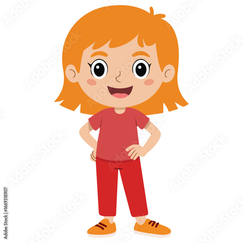 Happy small red haired child standing isolated vector illustration on white background
