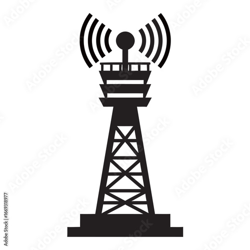 black and white silhouette of a broadcast tower icon vector on a white background