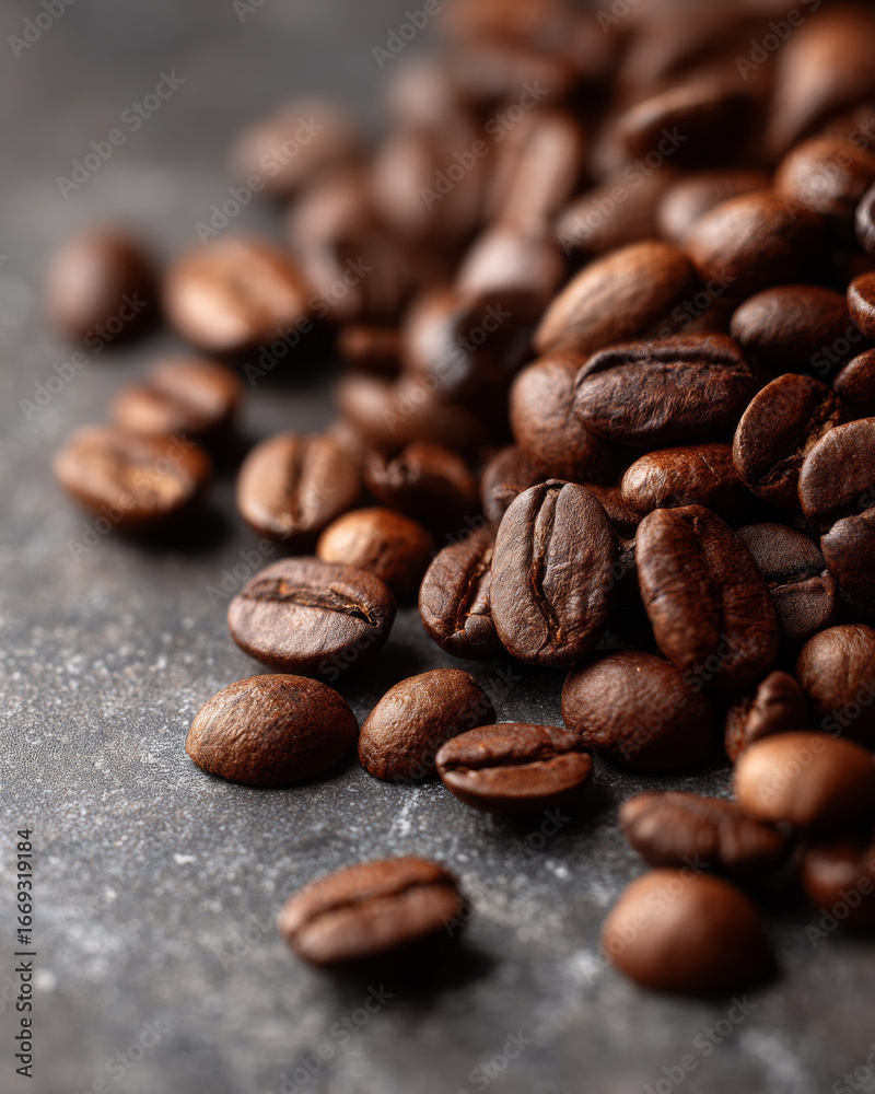 Naklejka premium Dark roasted coffee beans scattered on stone surface create an inviting aroma