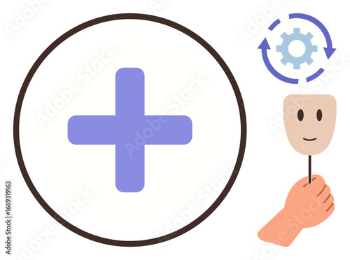 Medical cross focusing on health, hand holding mask suggesting emotions, gear with arrows for growth and change. Ideal for wellness, psychotherapy, mental health, personal growth, change, self-care