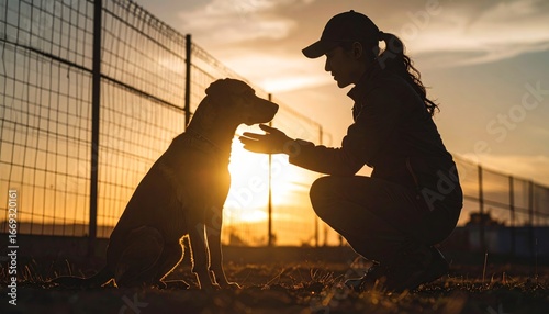 Woman's silhouette fostering connection with a rescued dog at sunset sanctuary