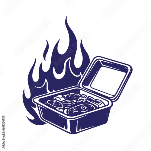 Vector illustration of a takeout meal in a box with flames around it