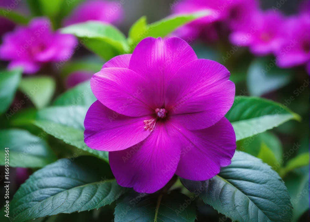 Impatiens flower with vibrant purple petals and lush green leaves in a lush garden setting Impatiens flower with vibrant purple petals and lush green leaves in a lush garden setting