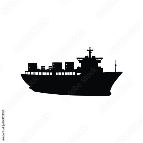 Silhouette of a massive container ship with stacked cargo and bridge, container ship silhouette vector illustration