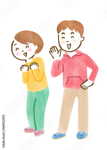 応援している様子の男女の手描きイラスト