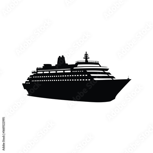 Black silhouette of a large cruise ship gliding across the water, cruise ship silhouette vector illustration