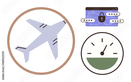 Airplane inside a circle, secure web login with password fields, and a speedometer. Ideal for travel, aviation, cybersecurity, performance, monitoring safety global connectivity. Simple flat