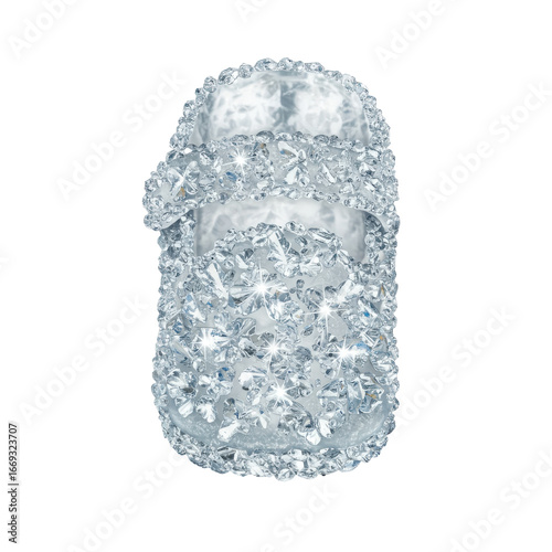 Sparkling baby shoe decorated with numerous tiny crystals isolated on white background