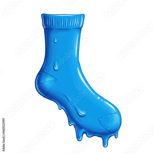 Vibrant blue sock with dripping liquid, artistic and playful illustration isolated on white background