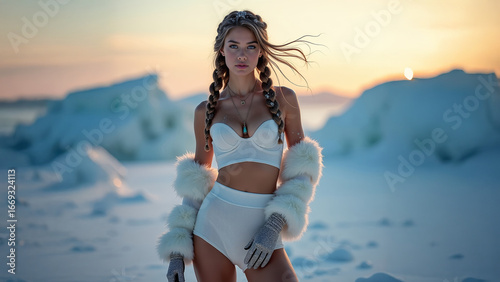 Beautiful young woman as a fashion model posing for a winter fashion photoshoot