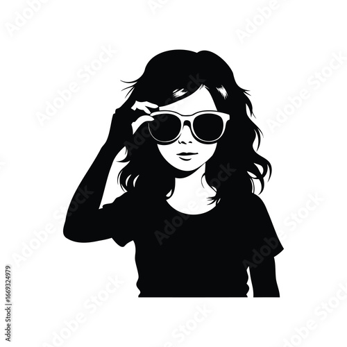 Monochrome Silhouette of a Stylish Woman Adjusting Her Sunglasses in a Chic Fashion, girl trying on sunglasses silhouette vector illustration