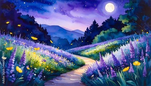 Watercolor painting of a moonlit landscape with flowers and fireflies art print