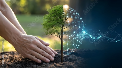 Hands planting a digital tree sapling, eco technology concept.