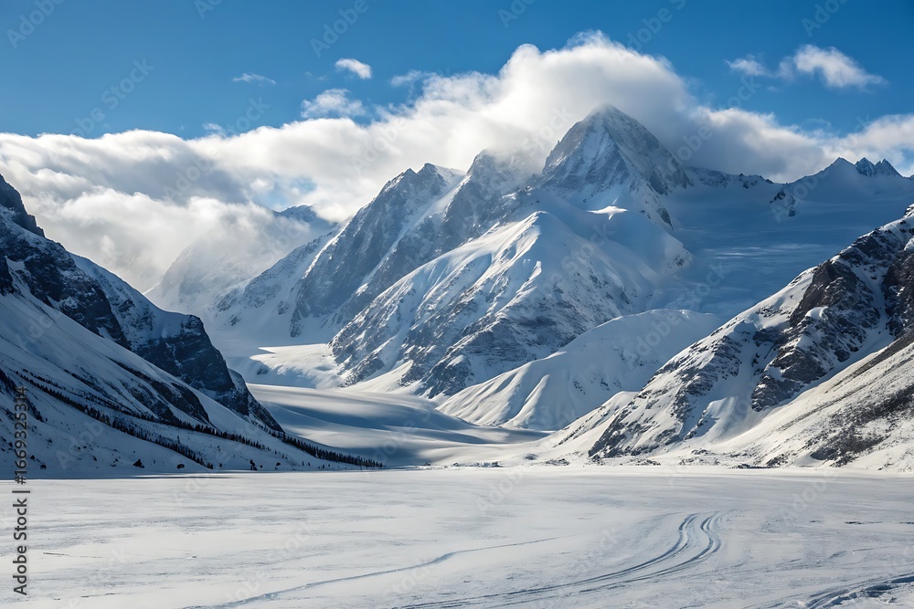 Obraz premium Majestic snow covered mountains under a cloudy blue sky