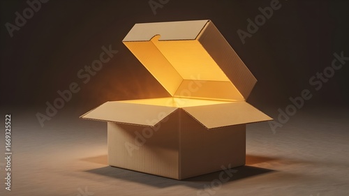 Cardboard box opening with golden glow, unboxing excitement.