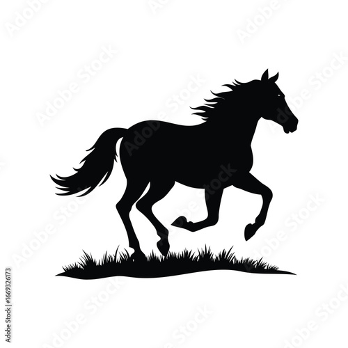 Majestic black horse silhouette running free across a field of grass, vector, horse running in field silhouette vector illustration