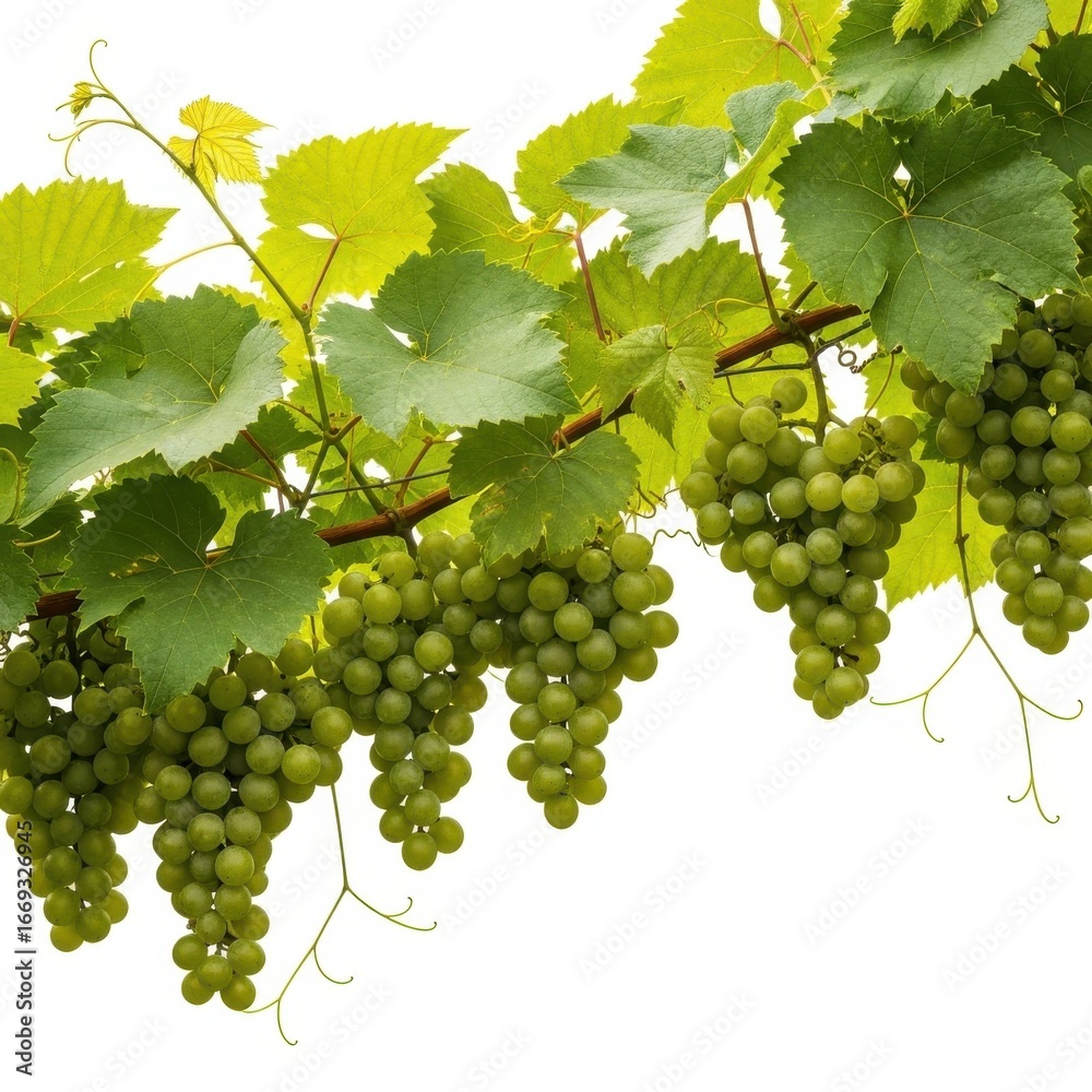Obraz premium Green grapes hanging on a vine isolated on white background