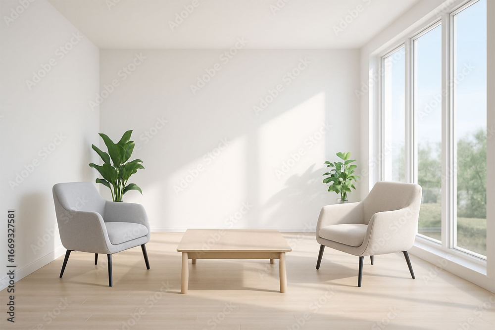 Fototapeta premium Modern living room setup with soft natural light and greenery for product display