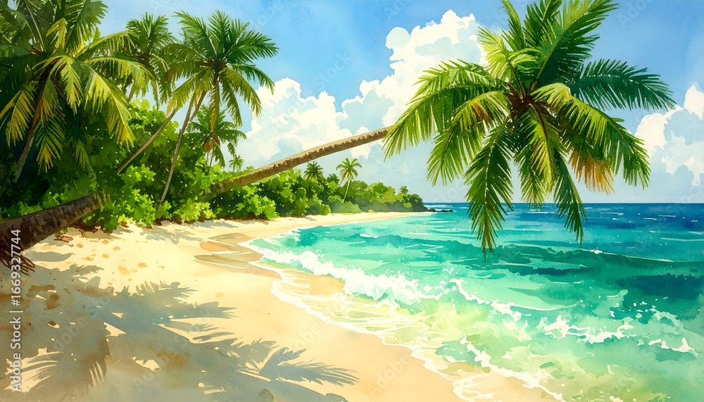 Obraz premium Watercolor painting of tropical beach paradise with palm trees and turquoise ocean