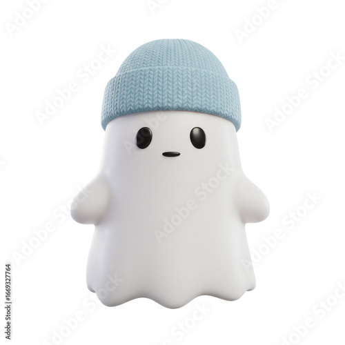 Adorable ghost character wearing knitted blue beanie, smiling happily isolated on white background