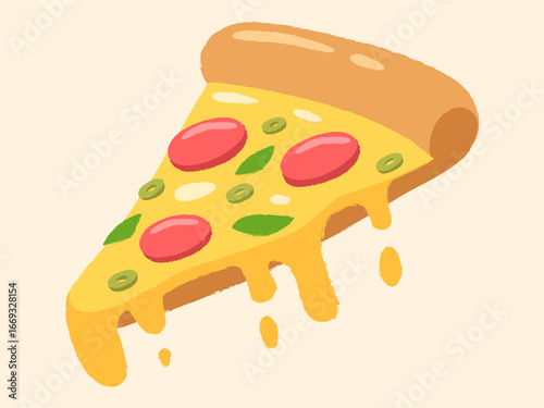 A mouthwatering slice of pizza, perfectly crafted with pepperoni and green olive toppings, is an irresistible display of culinary artistry.