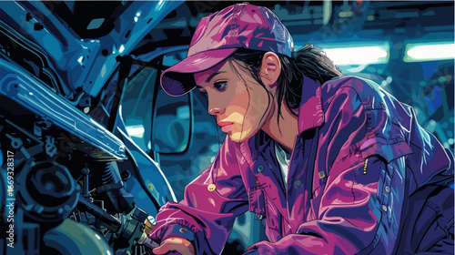 Clean, detailed SVG illustration showing a female mechanic actively repairing a car engine. Ideal for automotive branding, digital media, educational visuals, and web design projects.